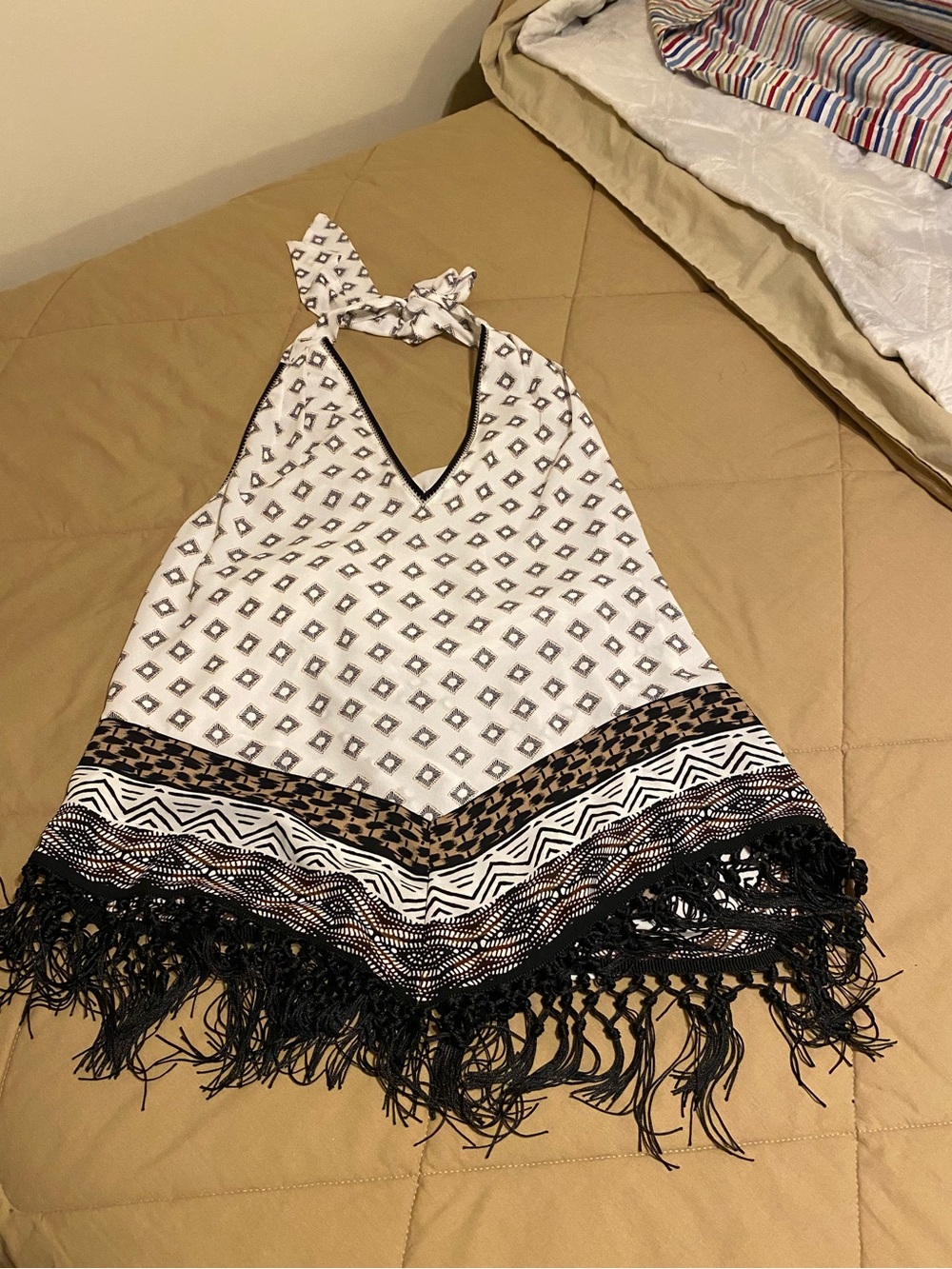 White House Black Market Boho Cream Halter Top with Subtle Gray Print w/Fringes